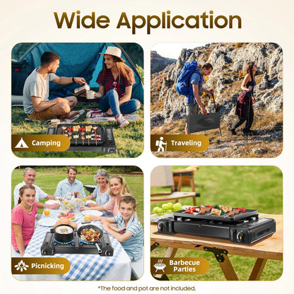 2in1 2-Burner Portable Camping Stove, Butane Camping Stove Kit w/Baking Pan and Carrying Case, Auto Ignition Camping Burner LPG