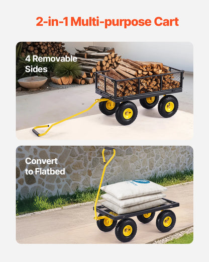 Steel Garden Cart  on Wheels Metal Yard Wagon Cart W/ All Terrain Tires Mesh Removable Sides and Rotating Handle