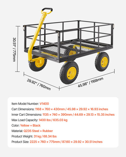Steel Garden Cart  on Wheels Metal Yard Wagon Cart W/ All Terrain Tires Mesh Removable Sides and Rotating Handle