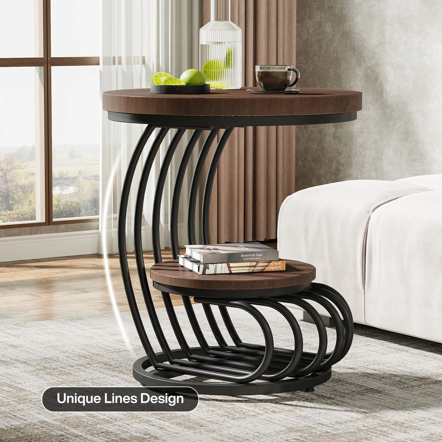 Gold Round End Table: 2 Tiers Faux Marble Side Table with Storage Shelf, Modern White Gold Bedside Nightstand