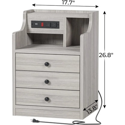 Nightstand with Charging Station,  with Hutch & Storage Drawers