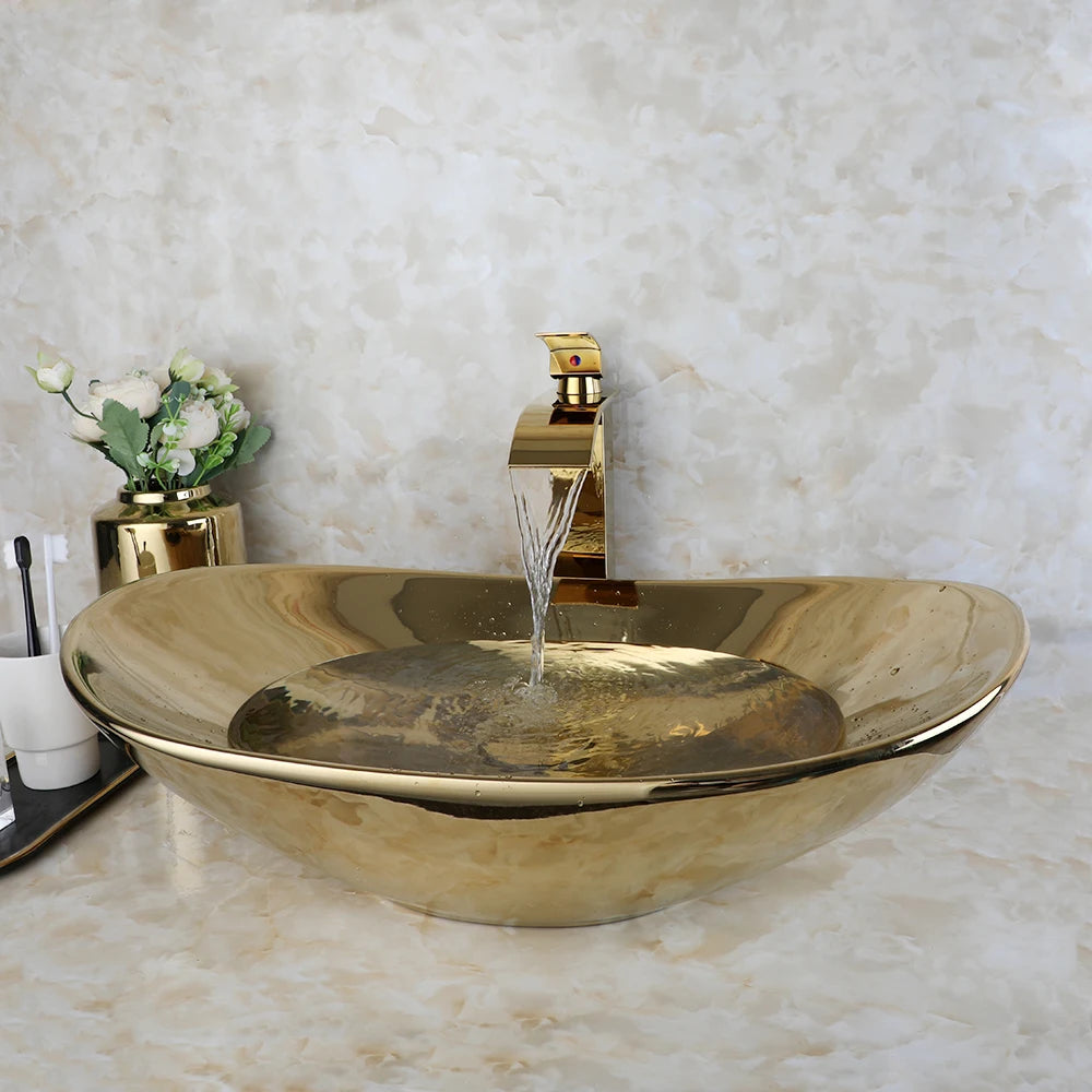 Gold Ceramic Luxury Bathroom Vessel Sink Set  Bowl Washbasin Waterfall Brass Faucet Pop Up Drain Combo High-End Basin Kit