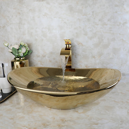Gold Ceramic Luxury Bathroom Vessel Sink Set  Bowl Washbasin Waterfall Brass Faucet Pop Up Drain Combo High-End Basin Kit