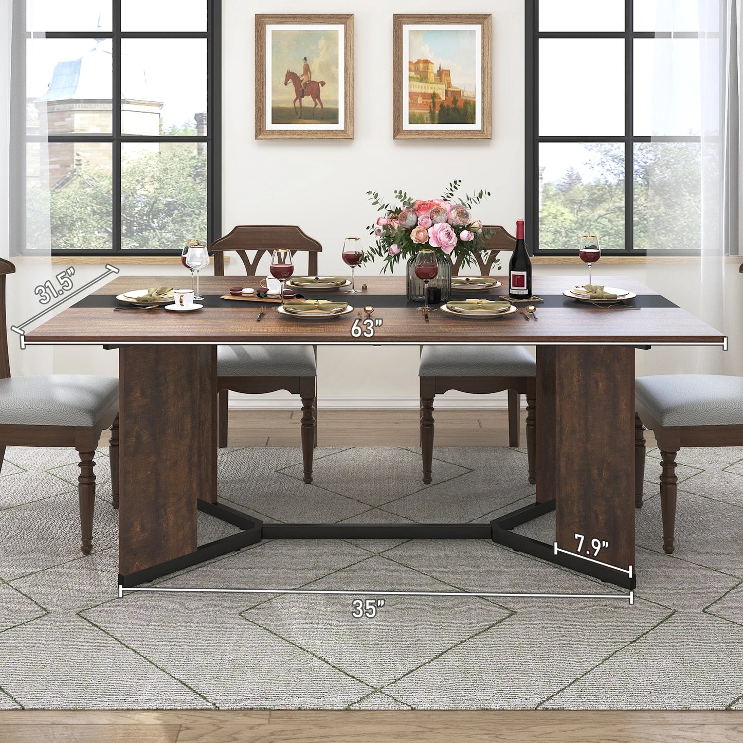 71In Large Rectangular White Dining Table for 4 5 6 8 10 People, w/Marble Color, Wood Tabletop, Metal Leg