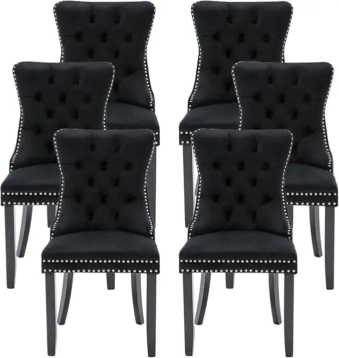 Leather Dining Chairs Set of 6, Upholstered Dining Room Chair with Nail head Trim and Solid Wood Legs, Luxury Wingback