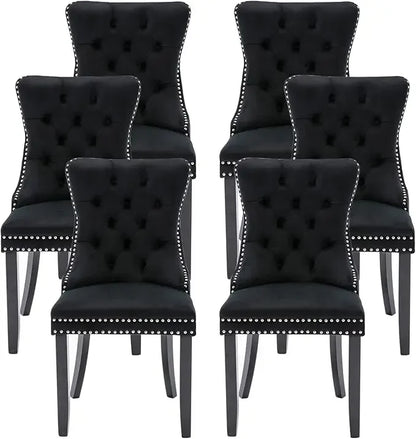 Leather Dining Chairs Set of 6, Upholstered Dining Room Chair with Nail head Trim and Solid Wood Legs, Luxury Wingback