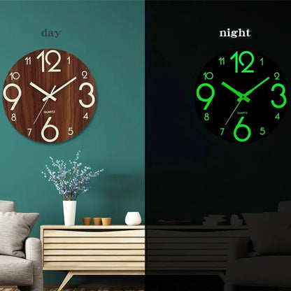 12 Inch Wooden Simple Luminous Wall Clock Silent Non Ticking Analog