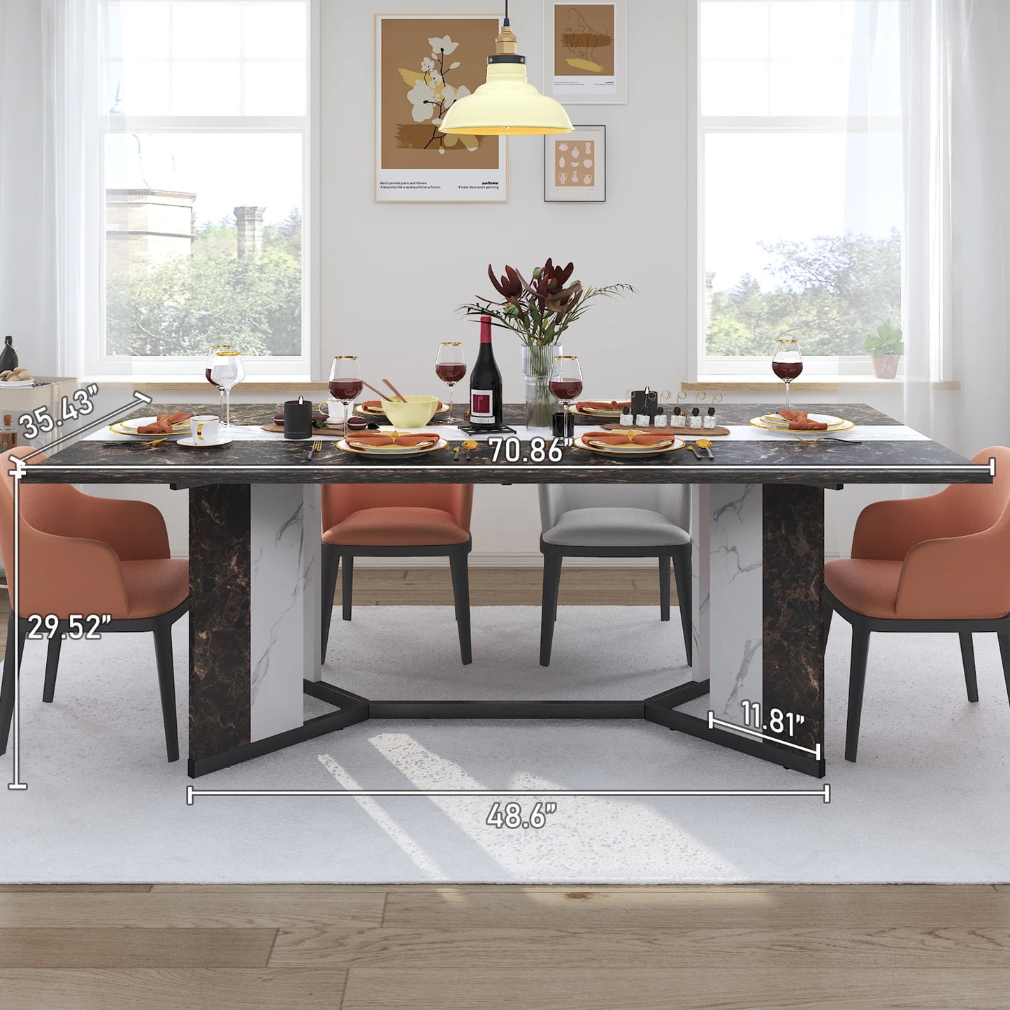 71In Large Rectangular White Dining Table for 4 5 6 8 10 People, w/Marble Color, Wood Tabletop, Metal Leg