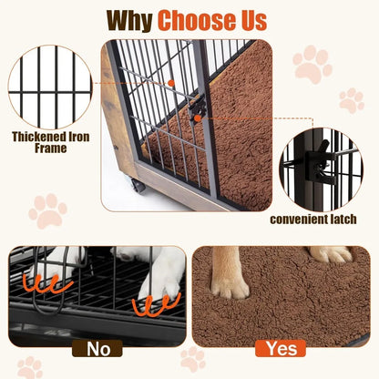 38 Inch Dog Crate Furniture with Cushion, Double Doors Wooden Dog Kennel Cage Indoor with Wheels, Pet House Decorative