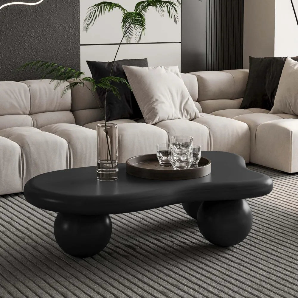 40" Black Modern Coffee Table Cloud Shape Low Center Table with 3 Ball Legs Cute Irregular Indoor Tea Table for Living Room