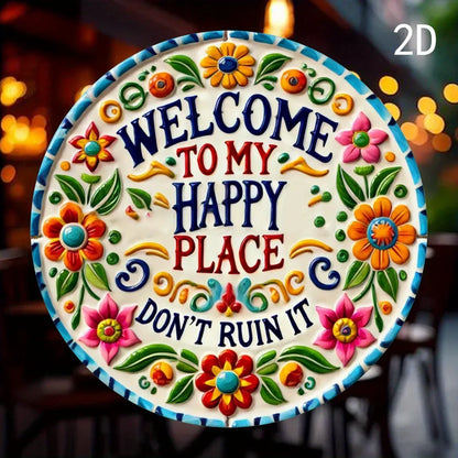 Chic "Welcome to My Happy Place" Sign:2D Flat Print Wall Art Crafted from Durable Metal,Perfect for Decorating Diverse Spaces
