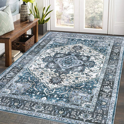 Washable Area Rugs 8x10 Living Room Rug Vintage Medallion  Soft Floor Cover Low Pile Non-Slip