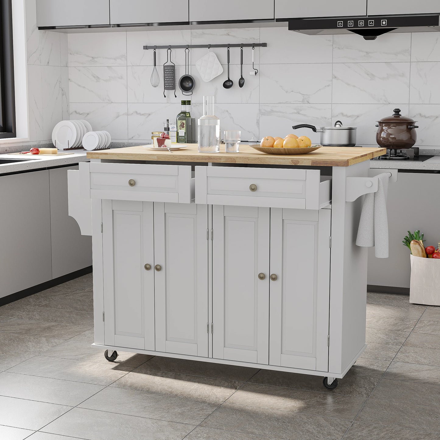 Rolling Kitchen Island with Drop Leaf – Movable Kitchen Carts on Wheels Island with Storage Cabinet