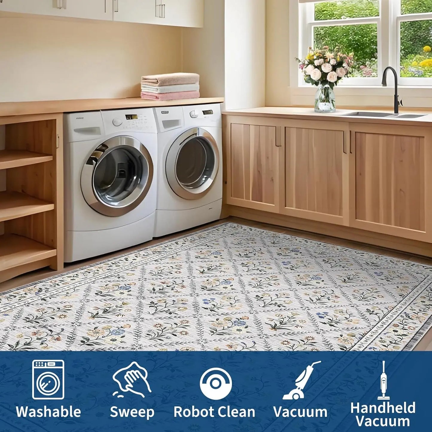 Vintage Washable Area Rugs for Living Room Soft Low-Pile Non-Slip Carpet  for Bedroom Dining Room Home Office