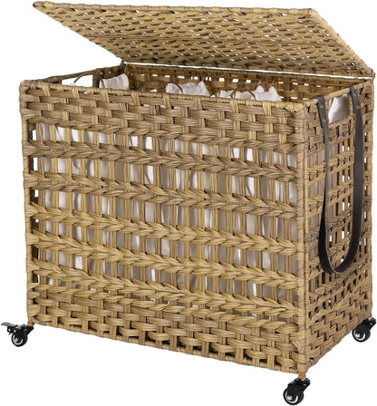 Laundry Hamper with Lid 140L Synthetic Rattan Laundry Basket with Wheels Clothes Hamper with 3Removable Liner Bags 3Section