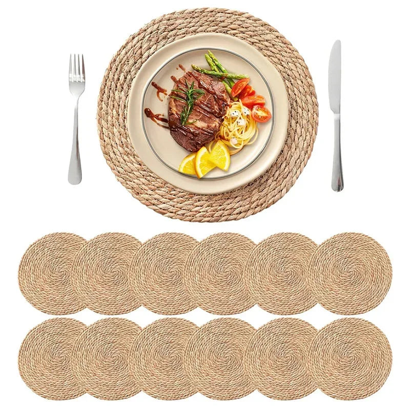 4/8/12pcs Round Woven Placemats Set Boho Rattan Placemat Natural Placemats 12Inch Farmhouse Weave Straw Braided Table Dinner Mat