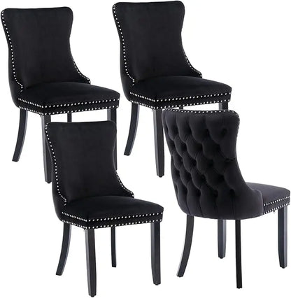 Velvet Upholstered Dining Chairs Set of 4 Wingback Kitchen Room Black Accent Chairs 4PC Solid Wood Leg