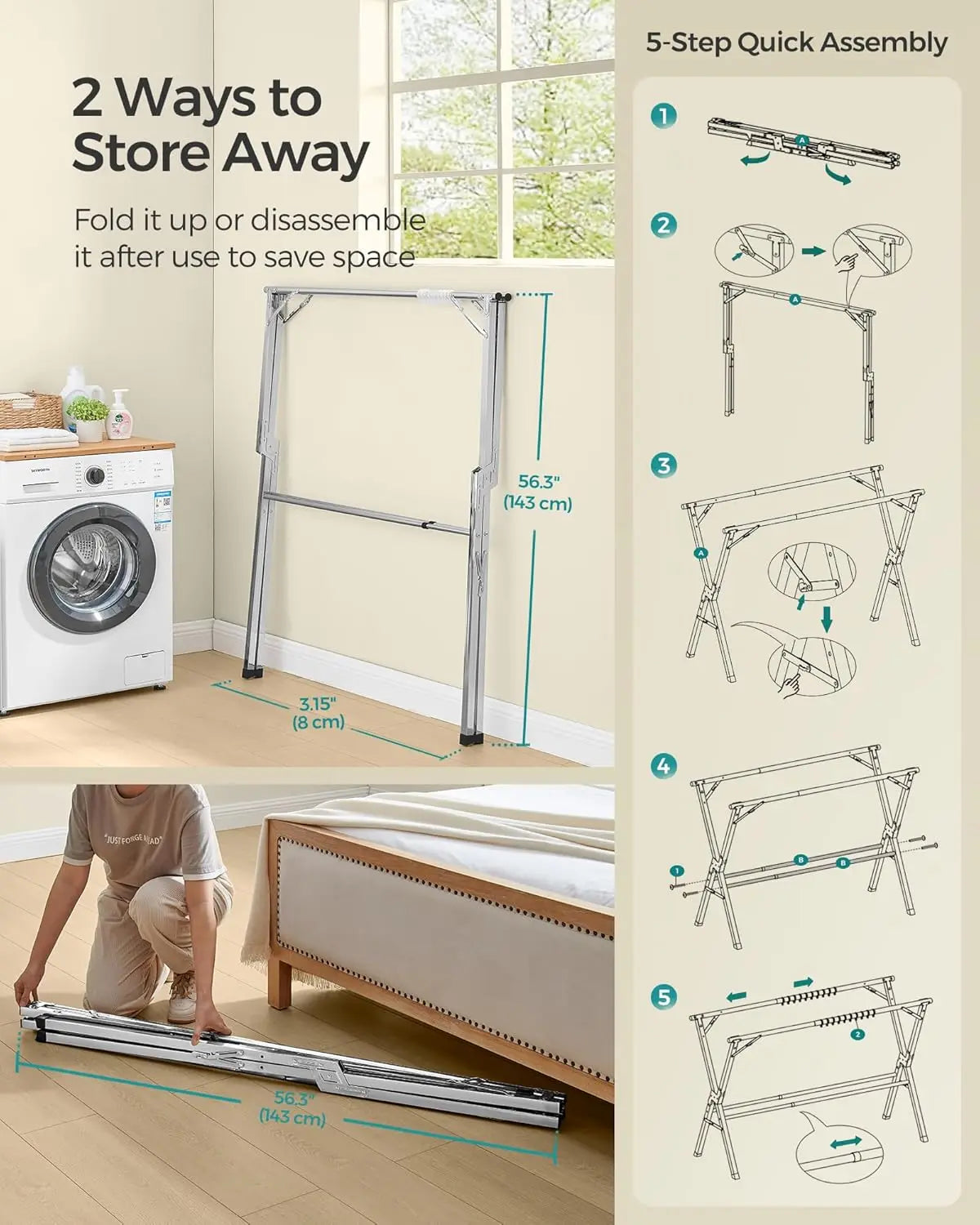 Clothes Drying Rack Heavy-Duty Laundry Drying Rack 45.7-63.4 Inches Extendable Foldable Freestanding Airer Stainless Steel for I