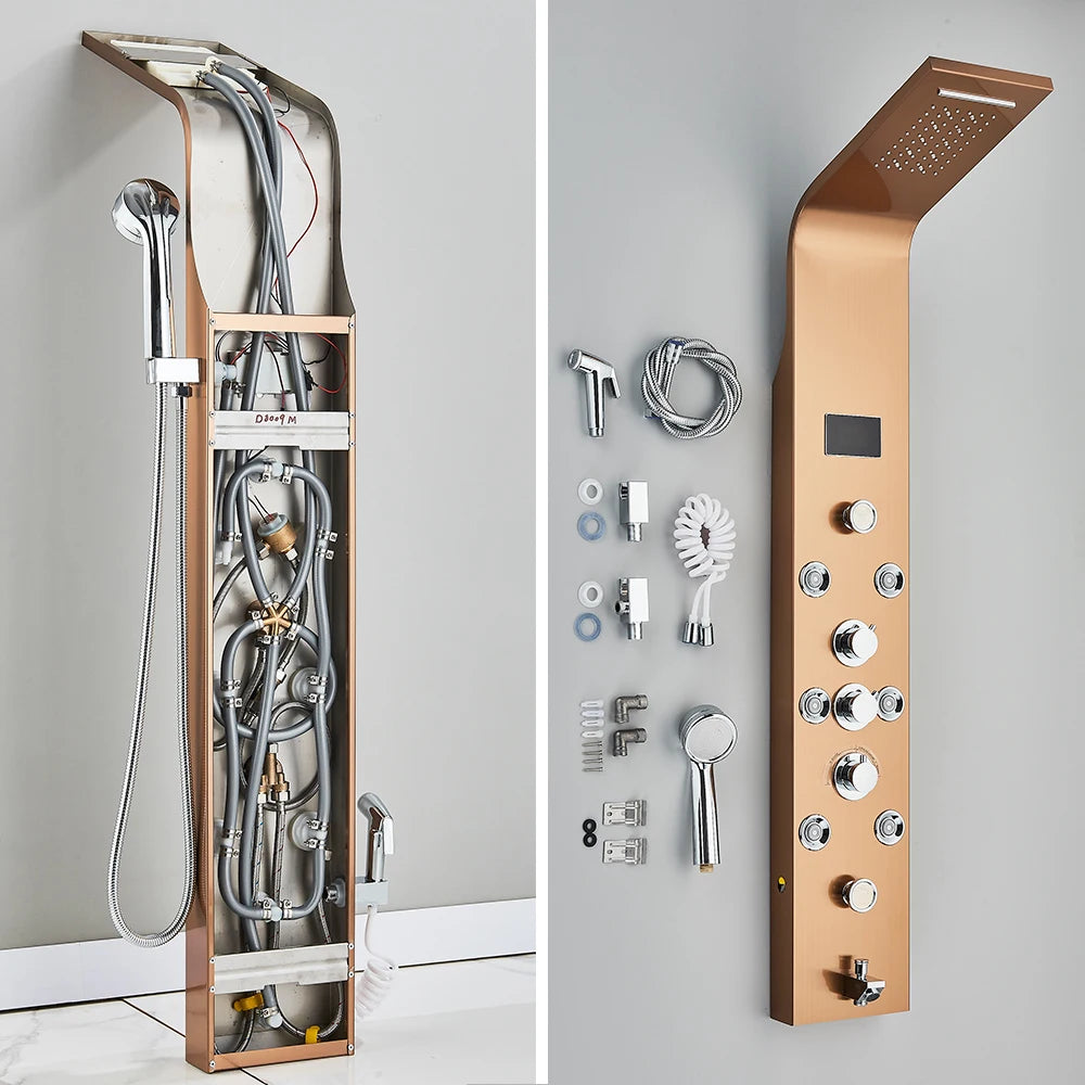 LED Bathroom Shower Panel 6 Modes Intelligent LCD Shower Column Rose Gold Rain Waterfall Bath Systems With Massage Jet Mixer Tap
