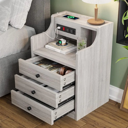 Nightstand with Charging Station,  with Hutch & Storage Drawers