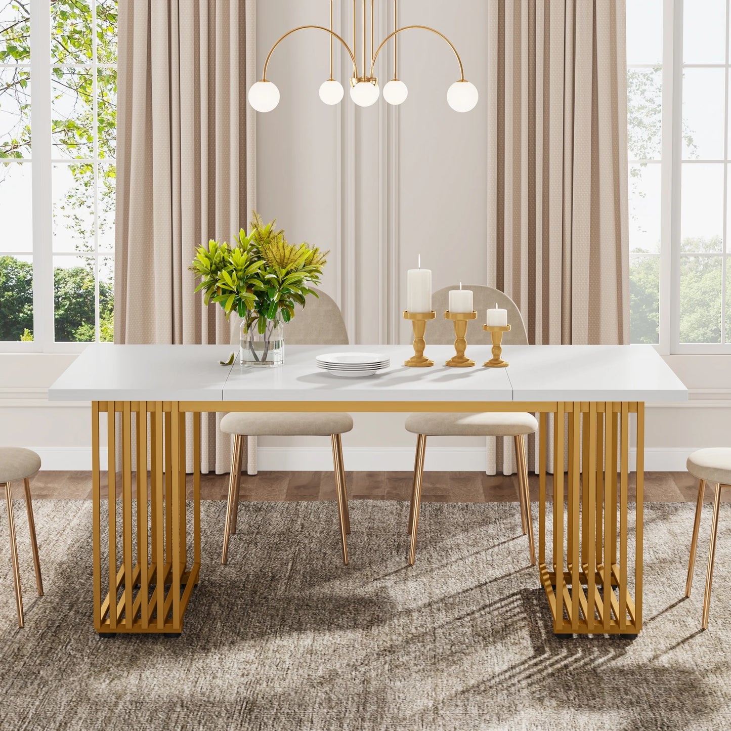 63-Inch Rectangular Dining Table for 4 to 6, Modern Kitchen Table with Faux Marble Table Top