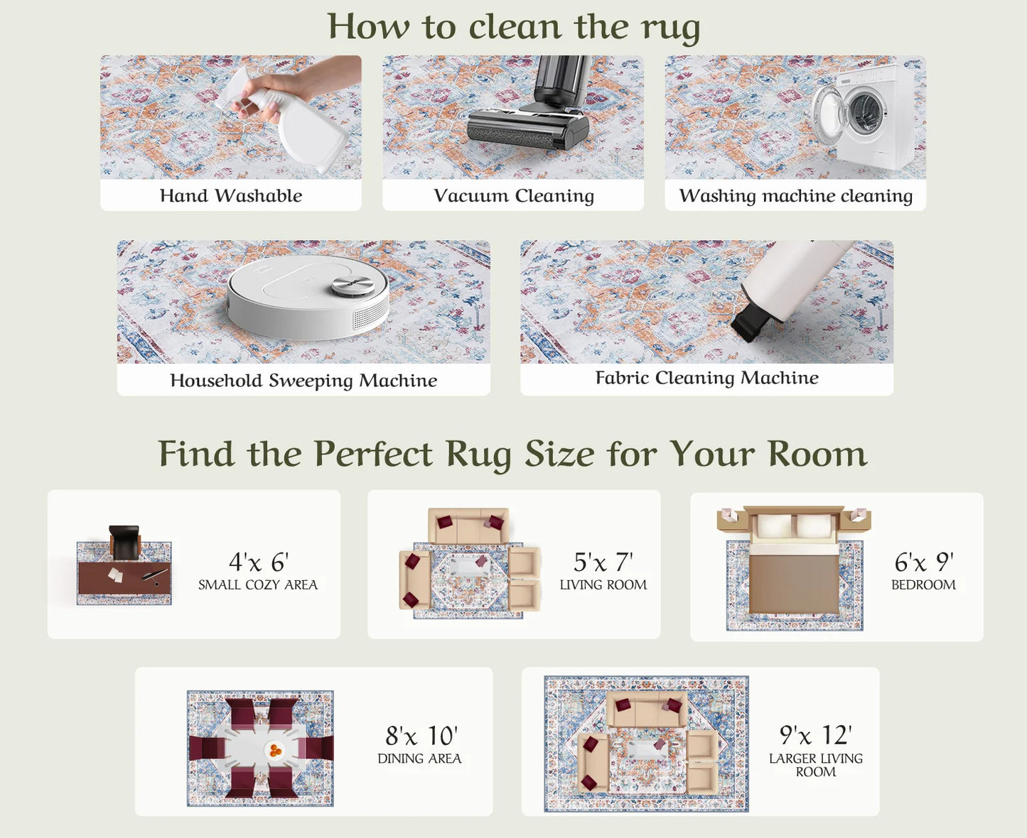 Washable Area Rug 8x10 - Stain Resistant Vintage Design for Living Room, Non-Slip Foldable Carpet for Bedroom