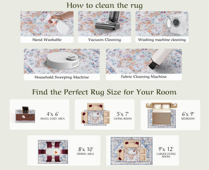 Washable Area Rug 8x10 - Stain Resistant Vintage Design for Living Room, Non-Slip Foldable Carpet for Bedroom