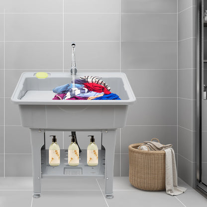 Freestanding Plastic Laundry Sink with Washboard Indoor Outdoor Utility Sink with Cold and Hot Water Faucet Hoses Drain Kit