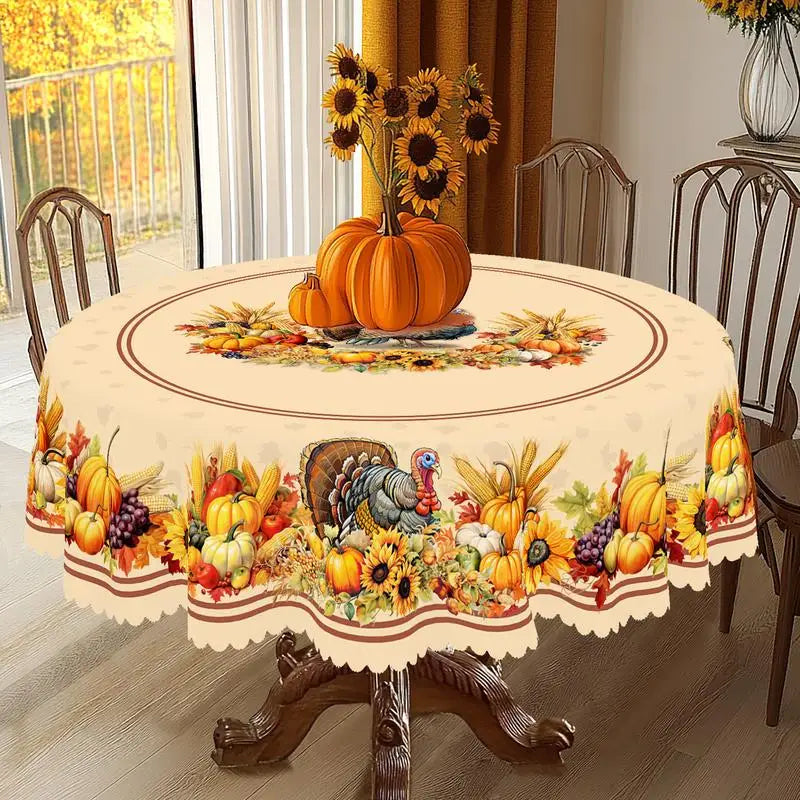 Fall Thanksgiving tablecloth with turkey, pumpkin and sunflower pattern, rectangular and round autumn harvest tablecloths