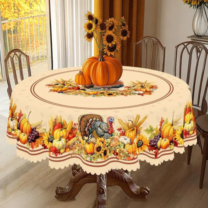 Fall Thanksgiving tablecloth with turkey, pumpkin and sunflower pattern, rectangular and round autumn harvest tablecloths