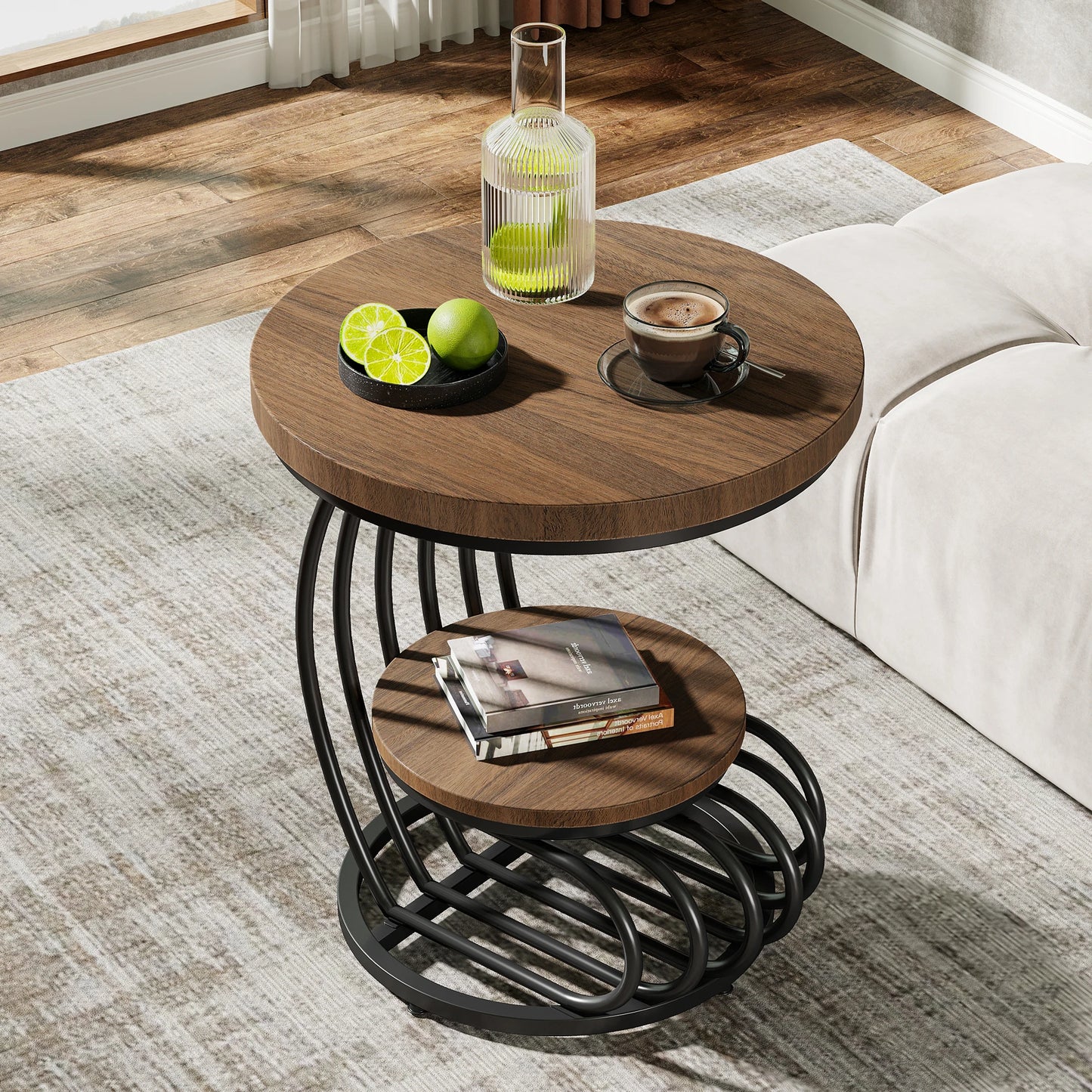 Gold Round End Table: 2 Tiers Faux Marble Side Table with Storage Shelf, Modern White Gold Bedside Nightstand