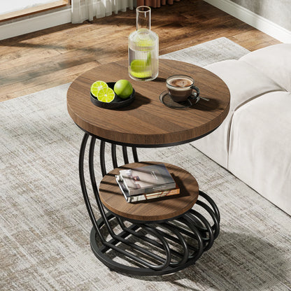 Gold Round End Table: 2 Tiers Faux Marble Side Table with Storage Shelf, Modern White Gold Bedside Nightstand