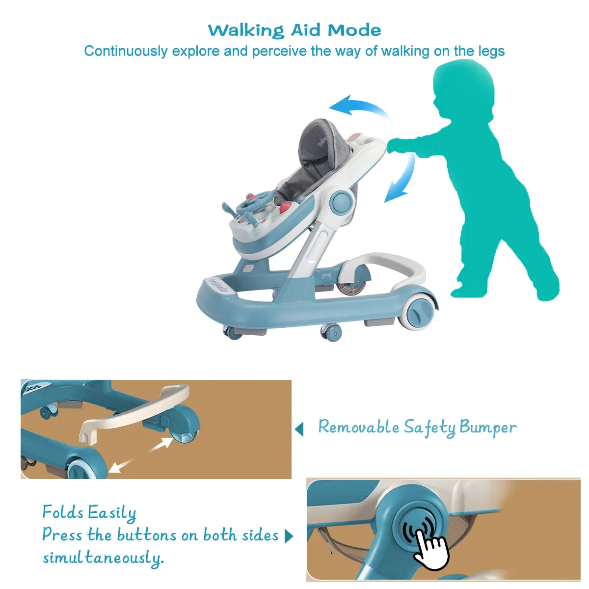 Push Walker with Detachable Feeding and Music Trays, Foldable Learning Toy for Infants and Toddlers, 2 In 1 Walker