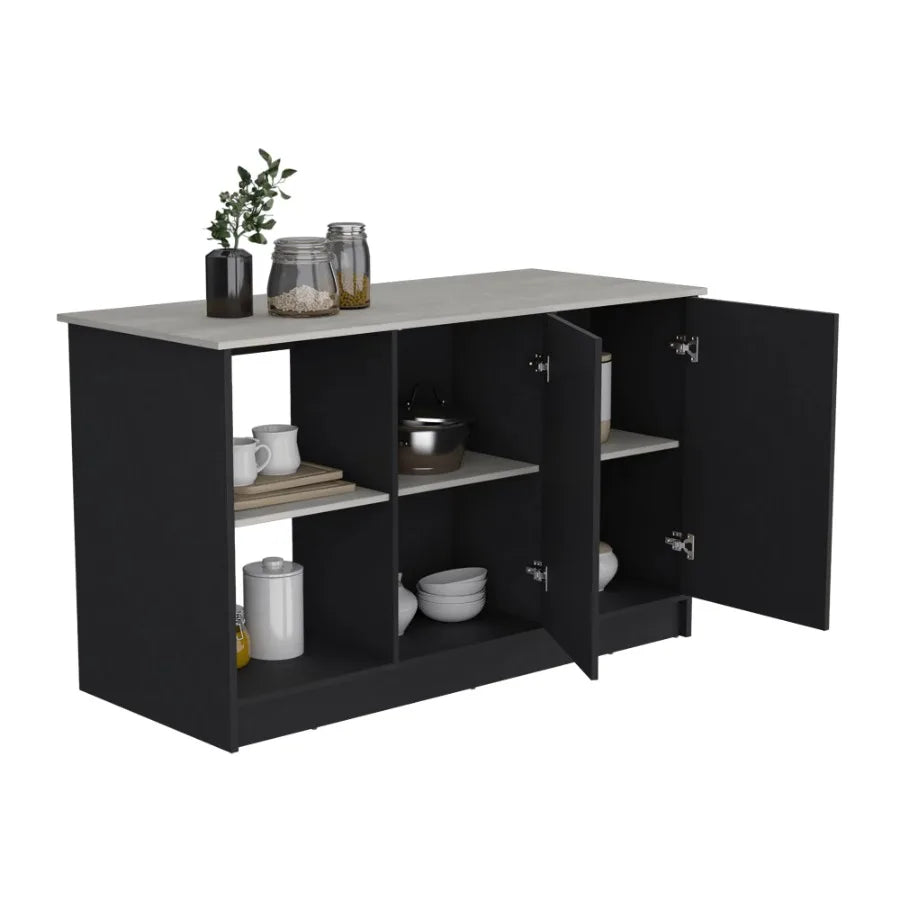 Large Top Surface Kitchen Island Double Door Cabinet Open Shelves Black Ibiza Marble