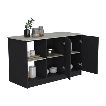 Large Top Surface Kitchen Island Double Door Cabinet Open Shelves Black Ibiza Marble