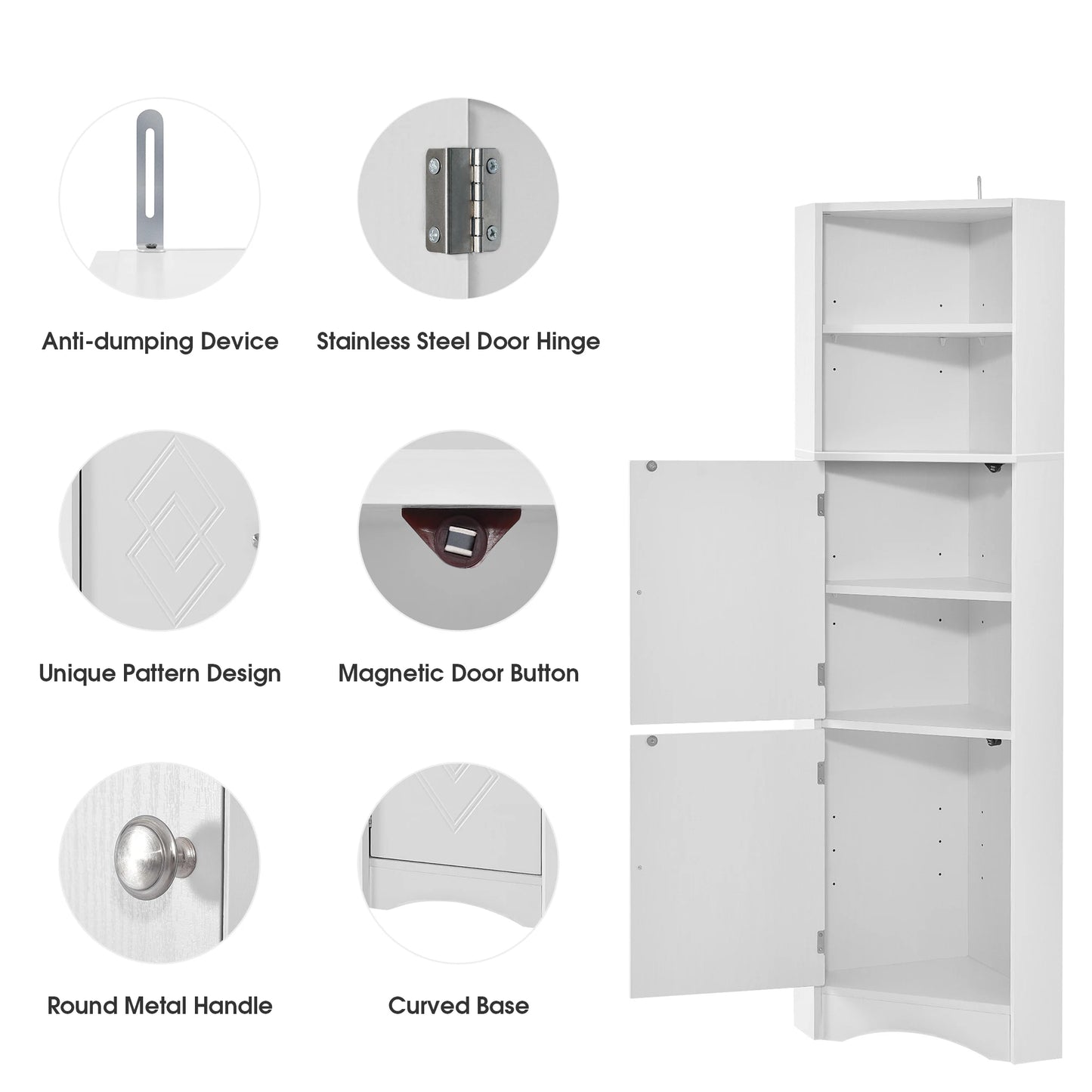 Tall Bathroom Corner Cabinet, Freestanding Storage Cabinet with Doors and Adjustable Shelves