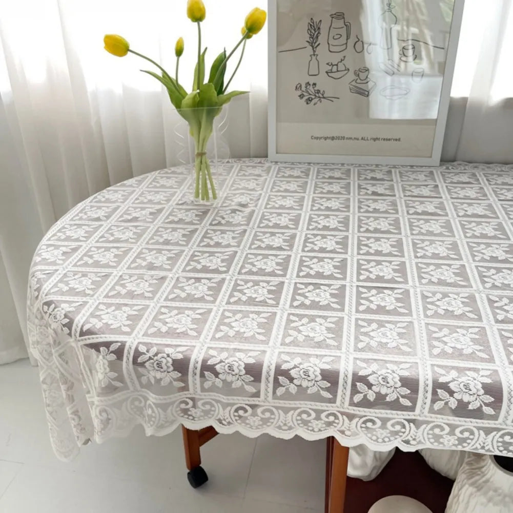 Nordic White Lace Hollow Tablecloth Vintage Rose Flower Pattern