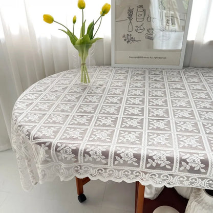Nordic White Lace Hollow Tablecloth Vintage Rose Flower Pattern