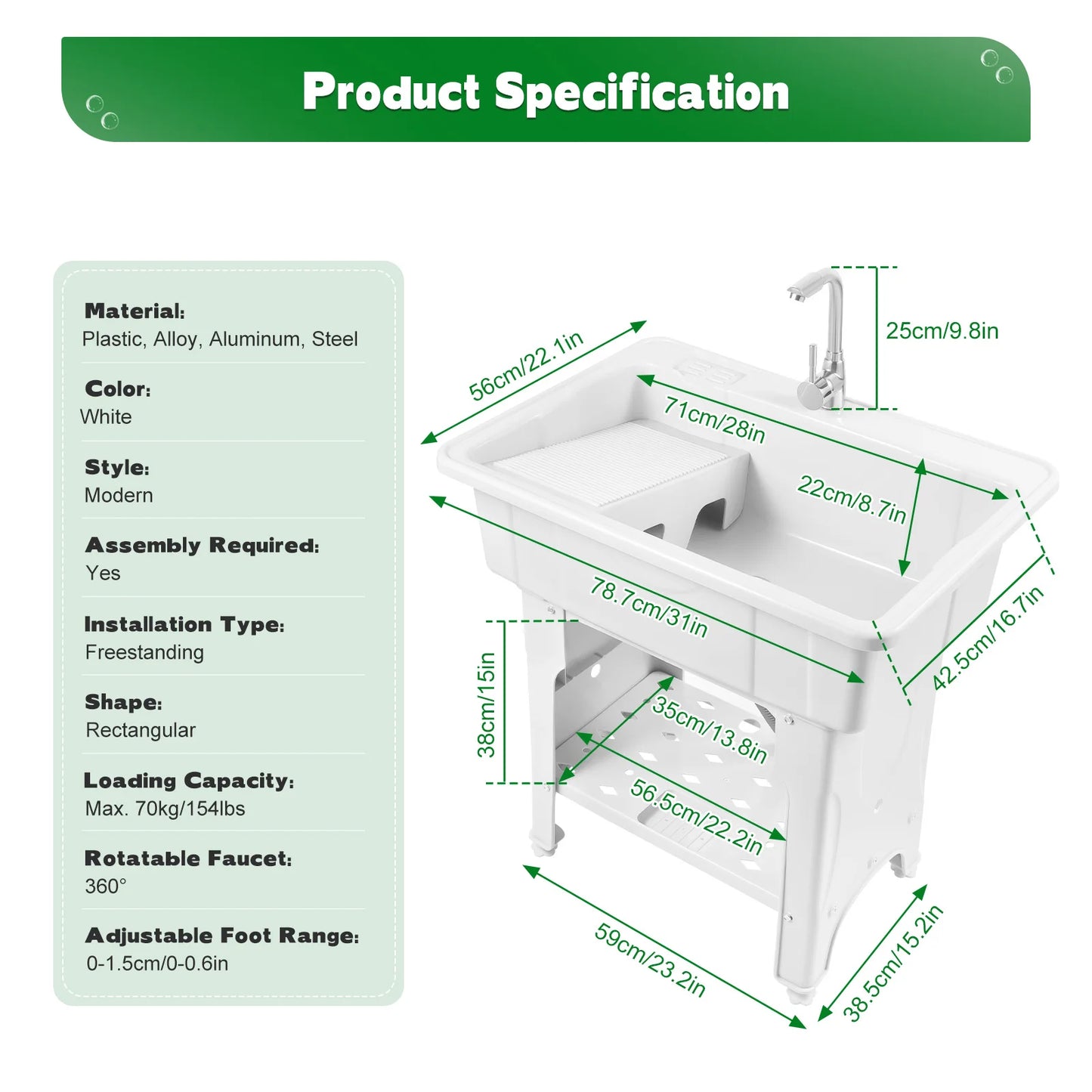 Freestanding Plastic Laundry Sink with Washboard Indoor Outdoor Utility Sink with Cold and Hot Water Faucet Hoses and Drain Kit