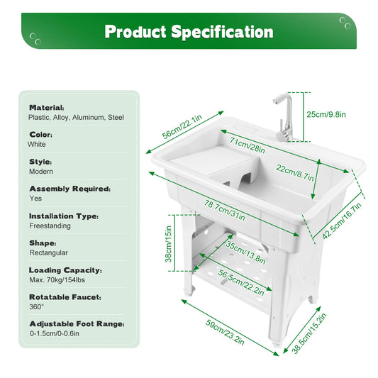 Freestanding Plastic Laundry Sink with Washboard Indoor Outdoor Utility Sink with Cold and Hot Water Faucet Hoses and Drain Kit