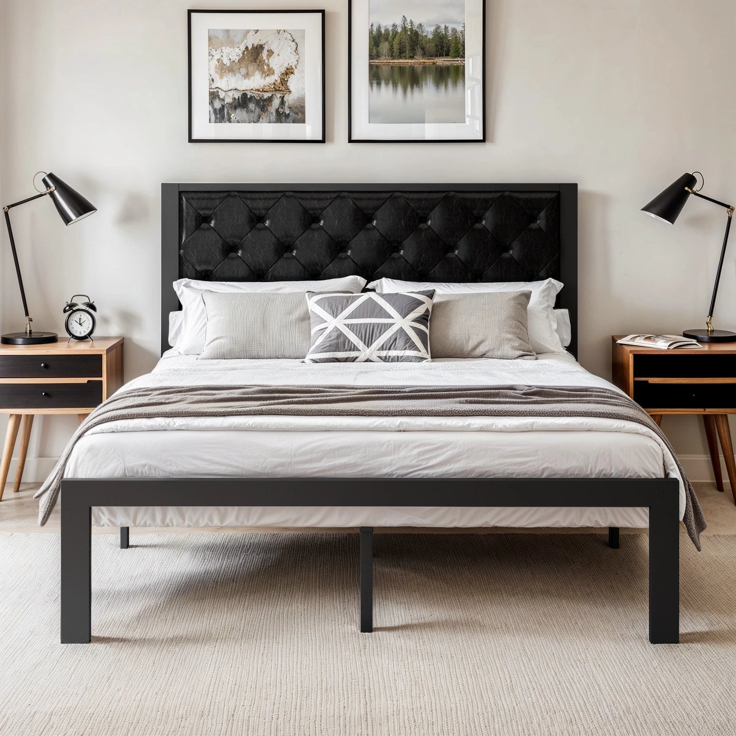 Metal Bed Frame with Upholstered Finely Stitched Headboard, Linen Fabric, Sturdy Foundation, No Box Spring Needed
