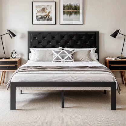 Metal Bed Frame with Upholstered Finely Stitched Headboard, Linen Fabric, Sturdy Foundation, No Box Spring Needed