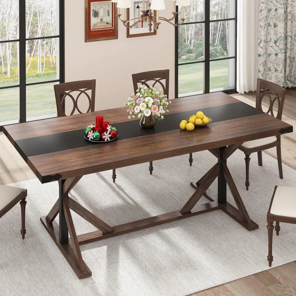 71 Inch Dining Table for 6 People, Rectangular Kitchen Farmhouse Table W/Thickness Waterproof Wood Tabletop,Long Dining Room Tab