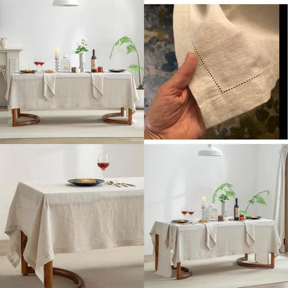 Pure Linen Hemstitch Tablecloth, 100% Stonewashed French Linen for Kitchen Dining, Rectangle Table, 60x144 Inches