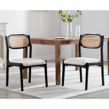 Farmhouse Rattan Dining Chairs Set of 2 Modern Mid Century Dining Room Chairs Upholstered Linen Kitchen Side Chairs