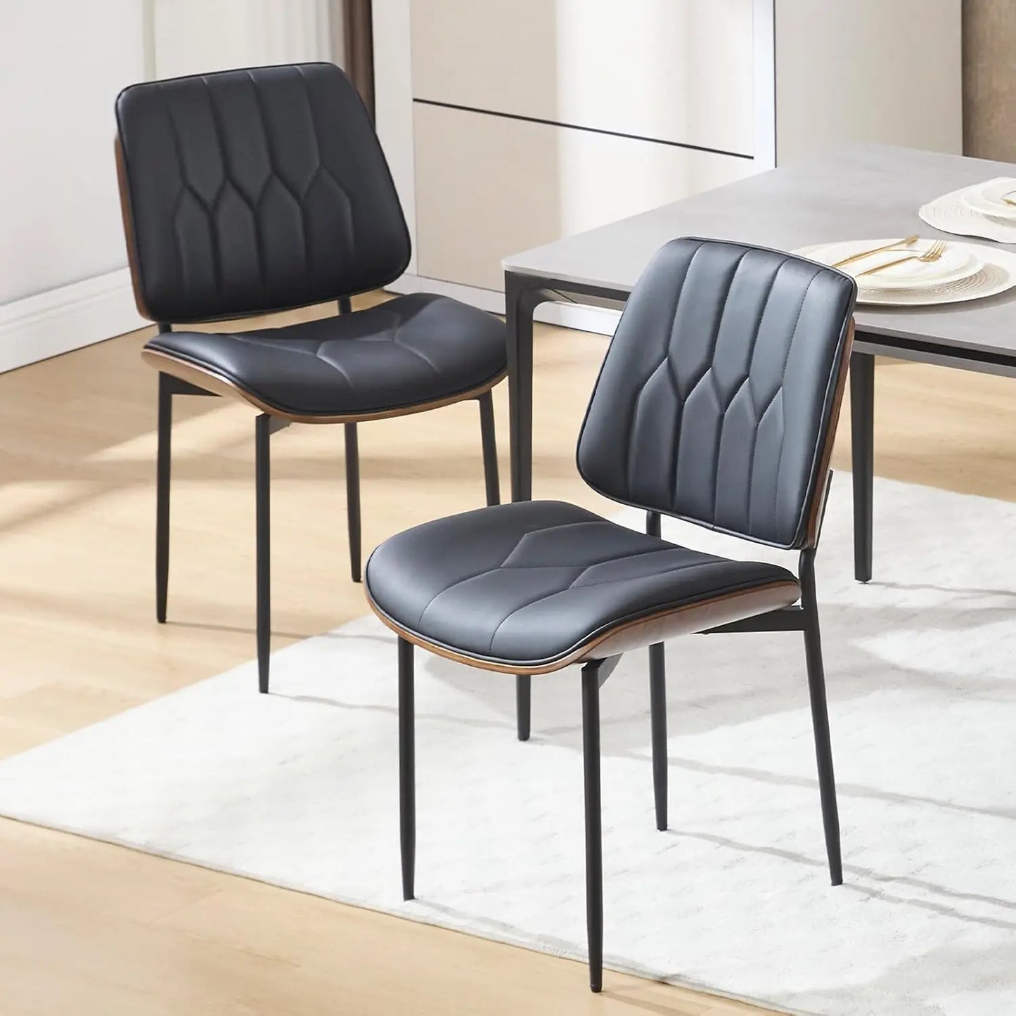 Set of 2 PU Leather Dining Chairs - Mid-Century Bentwood w/ Metal Legs, Modern Walnut Style