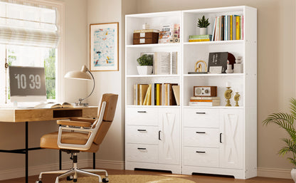 Bookshelf with Door and 3 Drawers, Tall Bookcase Shelf with 3-Tier Shelves