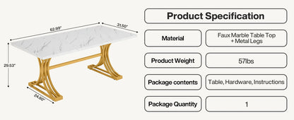 63-Inch Rectangular Dining Table for 4 to 6, Modern Kitchen Table with Faux Marble Table Top
