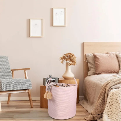 Large Light Pink Cotton Rope Laundry Basket Hamper for Girls Baby Nursery Storage Bin