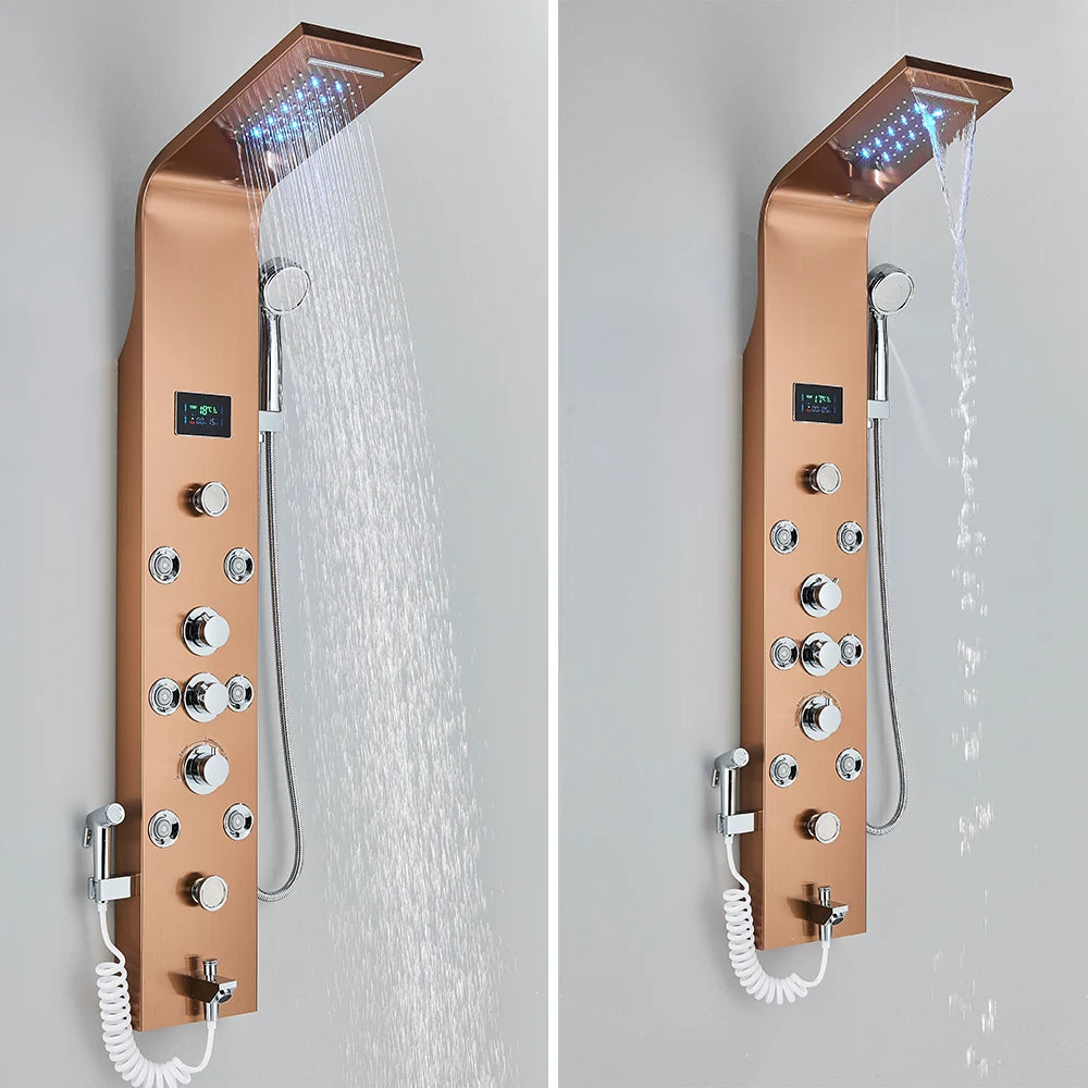 LED Bathroom Shower Panel 6 Modes Intelligent LCD Shower Column Rose Gold Rain Waterfall Bath Systems With Massage Jet Mixer Tap